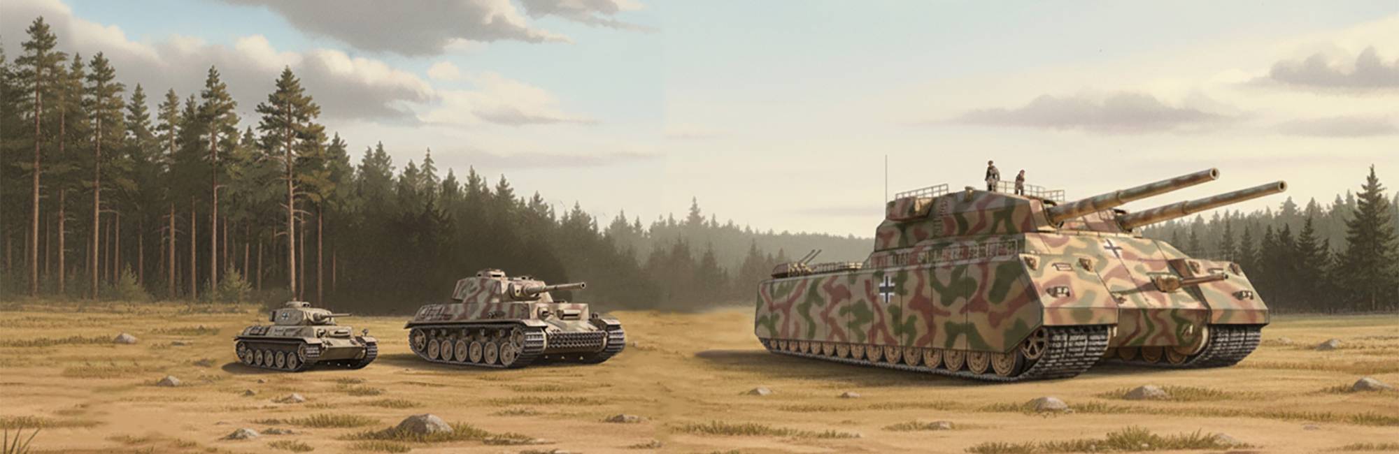 Montage repr&eacute;sentant un tank Panzer IV (&agrave; gauche), un Panzer VIII Maus et un Landkreuzer P.1000 Ratte (&agrave; droite)