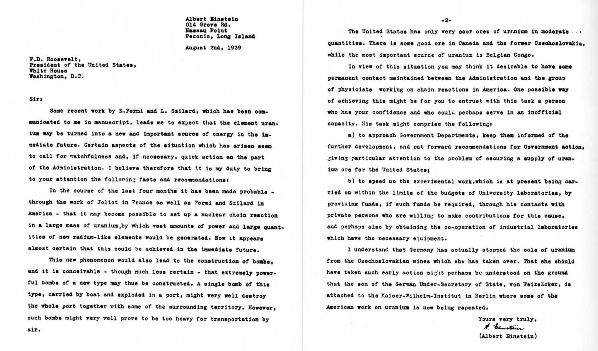 La lettre "Einstein-Szil&aacute;rd" adress&eacute;e &agrave; Roosevelt