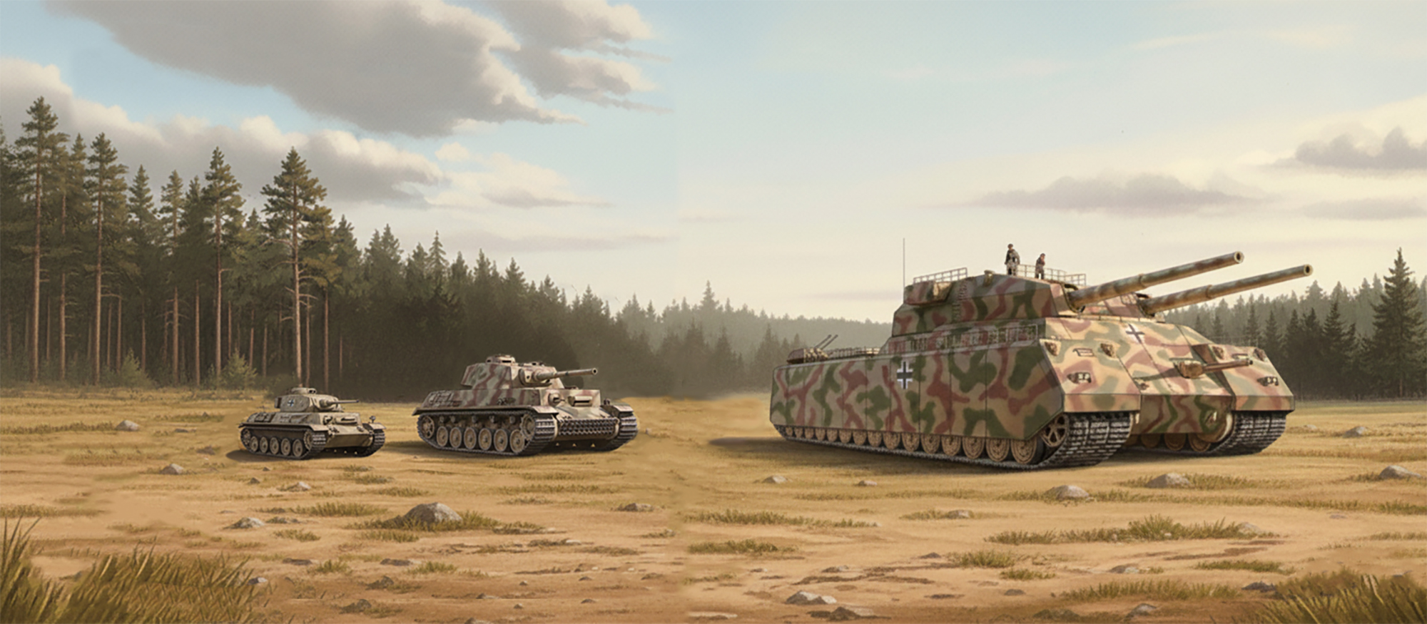 Montage repr&eacute;sentant un tank Panzer IV (&agrave; gauche), un Panzer VIII Maus et un Landkreuzer P.1000 Ratte (&agrave; droite)